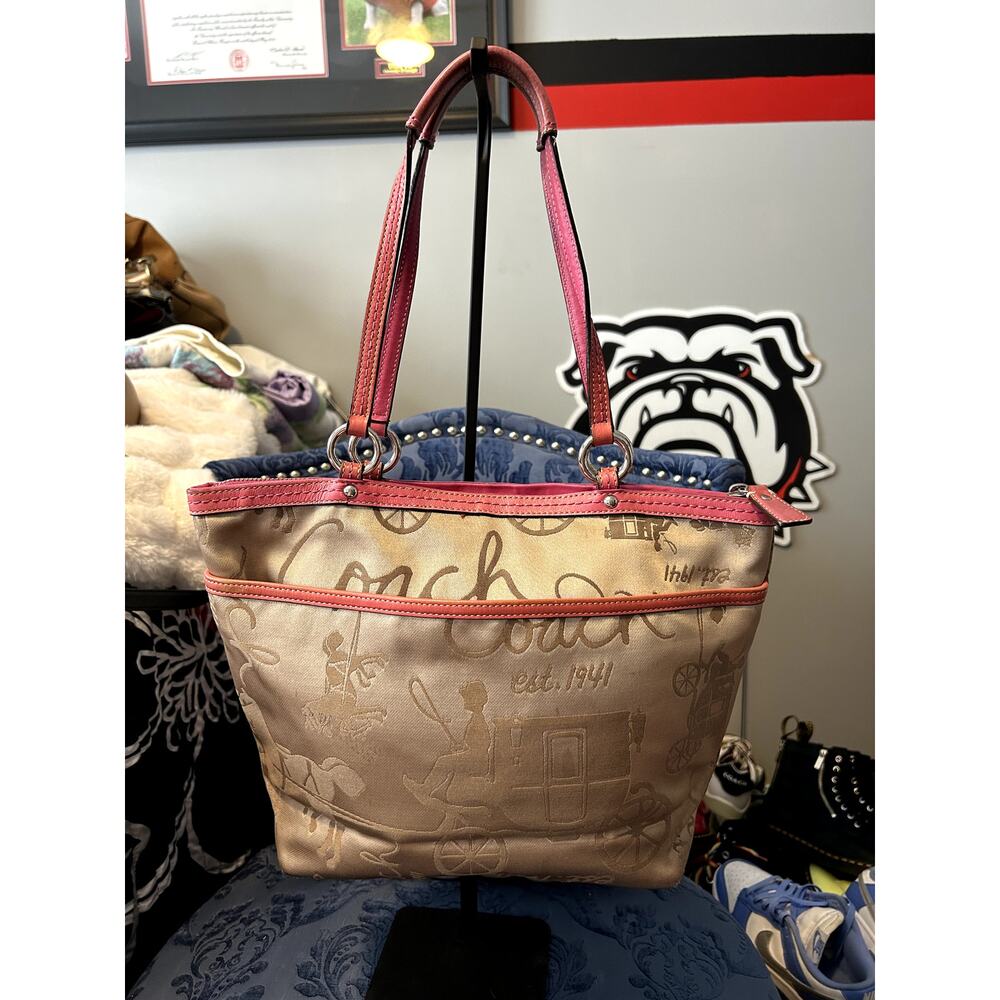 Coach Gold Satin Horse & Carriage Tote with Pink Trim &Strap